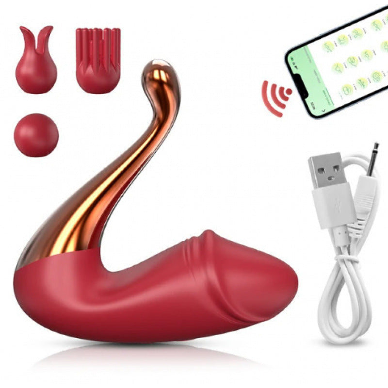 Red app controlled swan vibrator g-spot stimulator with smartphone app, USB cable, and interchangeable heads