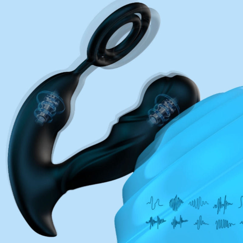 Dual ring prostate massager men - black silicone dual cock ring set with anal plug