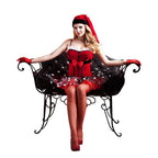 Red and black Christmas lace lingerie corset bodysuit woman on decorative chair
