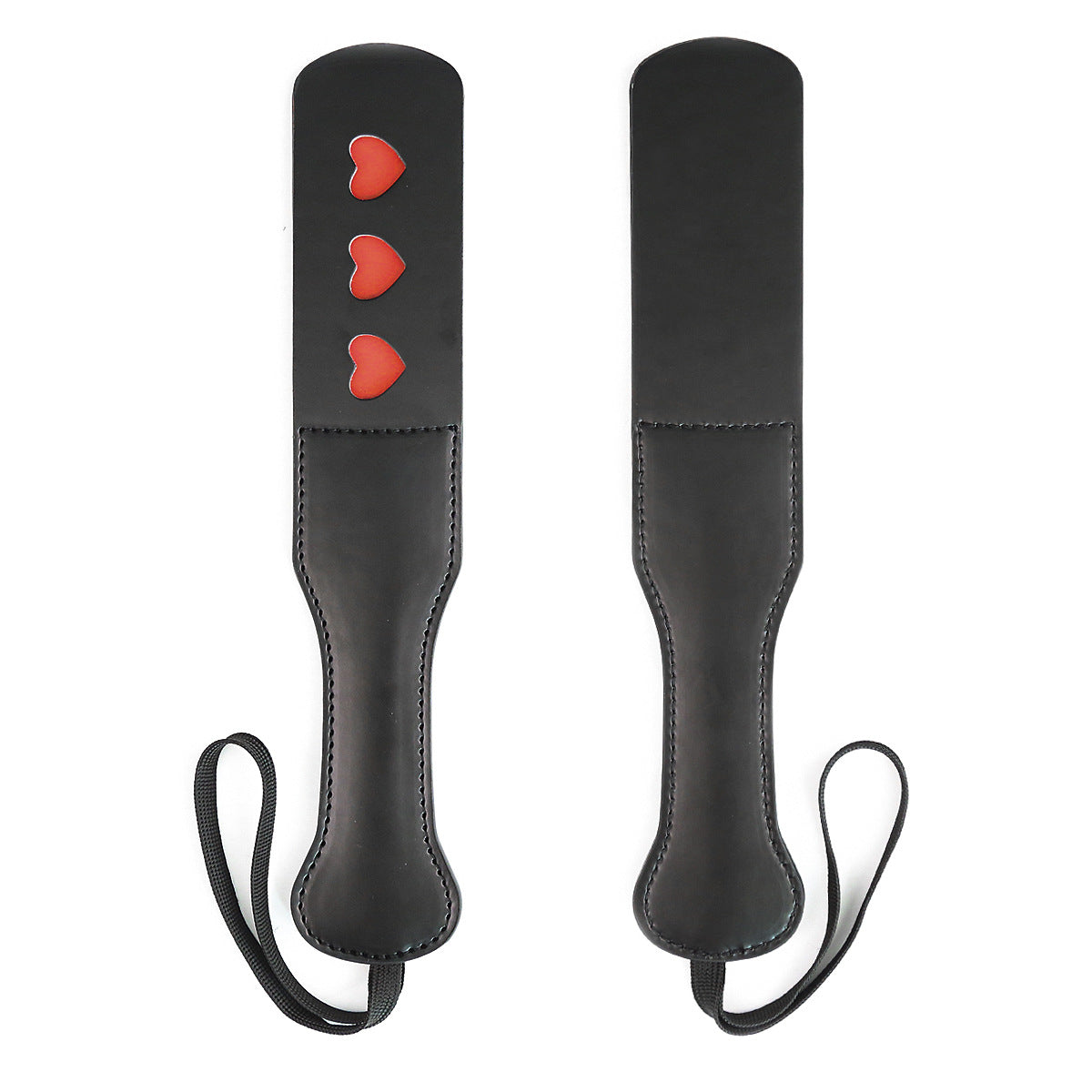 Black leather bondage paddle with red heart design front and back view, BDSM bondage kit racket