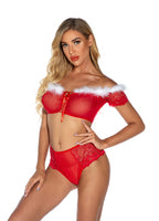 Christmas red lingerie set - off-shoulder corset top with lace bottoms front product view