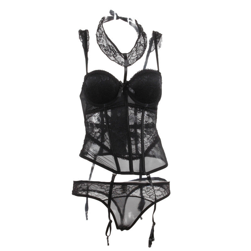 Black lace shapewear bodysuit women - full black lace corset bra garter belt and thong panties set
