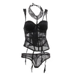 Black lace shapewear bodysuit women - full black lace corset bra garter belt and thong panties set
