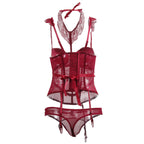 Red lace shapewear bodysuit women - back view with corset bodice garter belt and thong panties