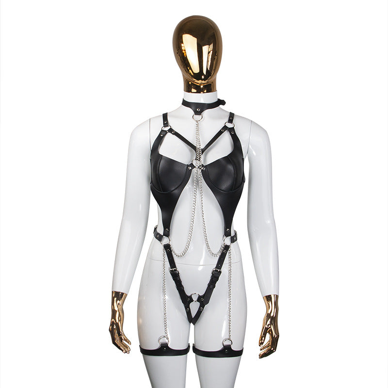 Leather SM bondage jumpsuit full-length view – mannequin shapewear one-piece
