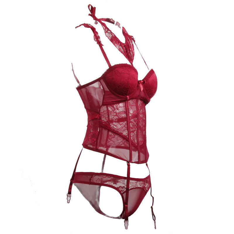 Red lace lingerie bodysuit women - full red lingerie set with bra corset garter stockings