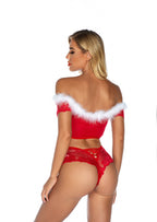 Christmas lingerie cosplay set rear view - red lace thong bottoms with white fur top