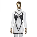 Leather SM bondage jumpsuit on mannequin – front view hollow shapewear set