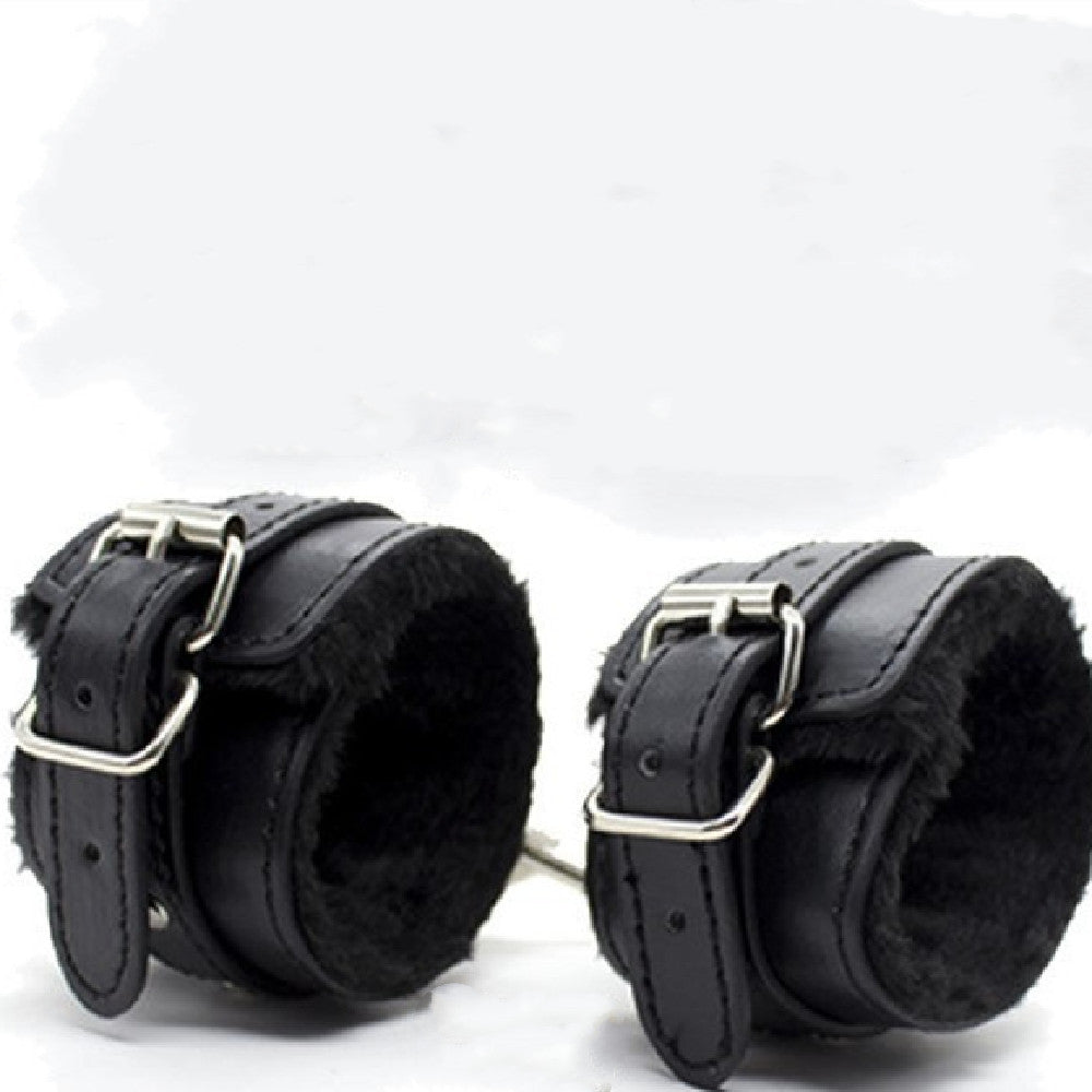 Black leather handcuffs with fur lining from BDSM leather bondage kit couples restraint set