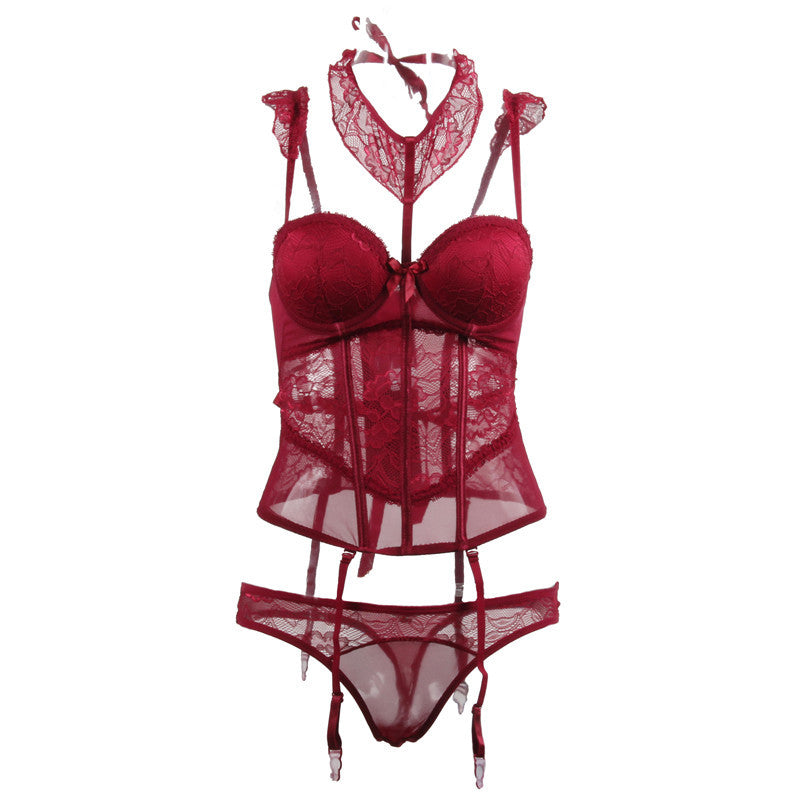 Red lace shapewear bodysuit women - full set front view with corset bra garter belt and thong lingerie