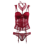 Red lace shapewear bodysuit women - full set front view with corset bra garter belt and thong lingerie