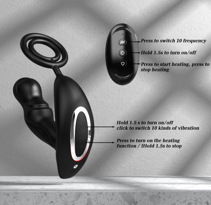 Anal plug prostate massager controls - remote control with 10 vibration modes and heating button
