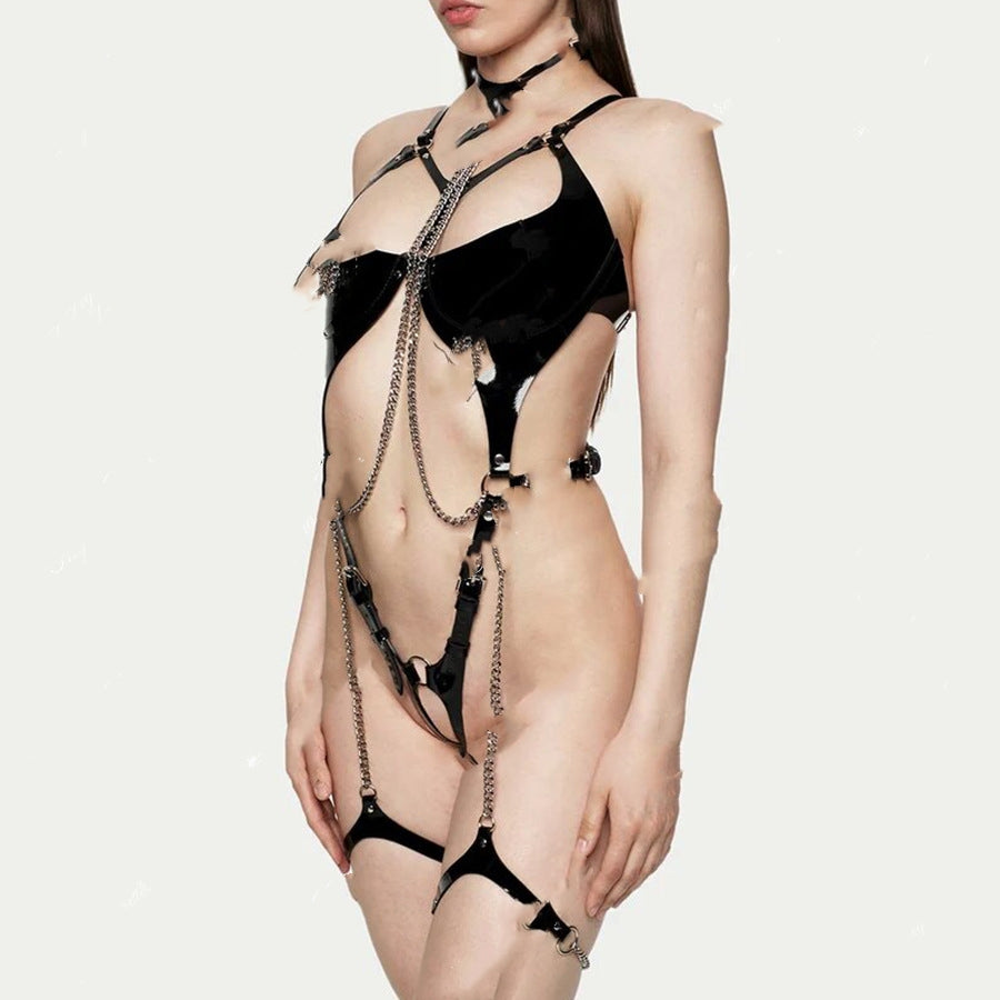 European And American Hollow Sm Binding Leather Shapewear Leg Ring Belt One-piece Jumpsuit